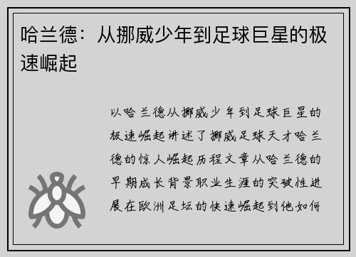 哈兰德：从挪威少年到足球巨星的极速崛起